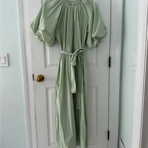 Reformation Light Sage Green Puff-Sleeve Maxi Dress with Waist Tie